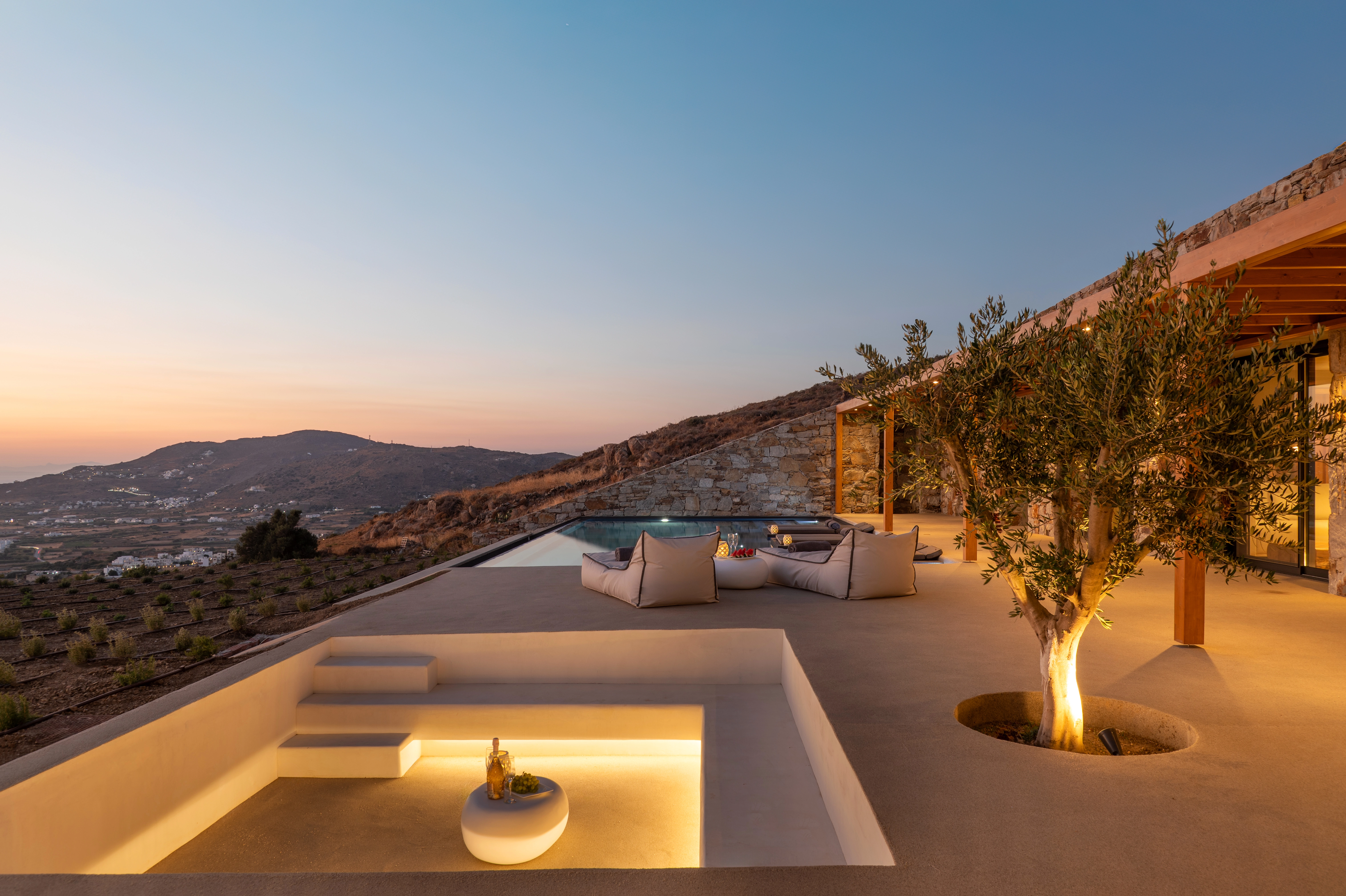 Exterior of the villa during sunset